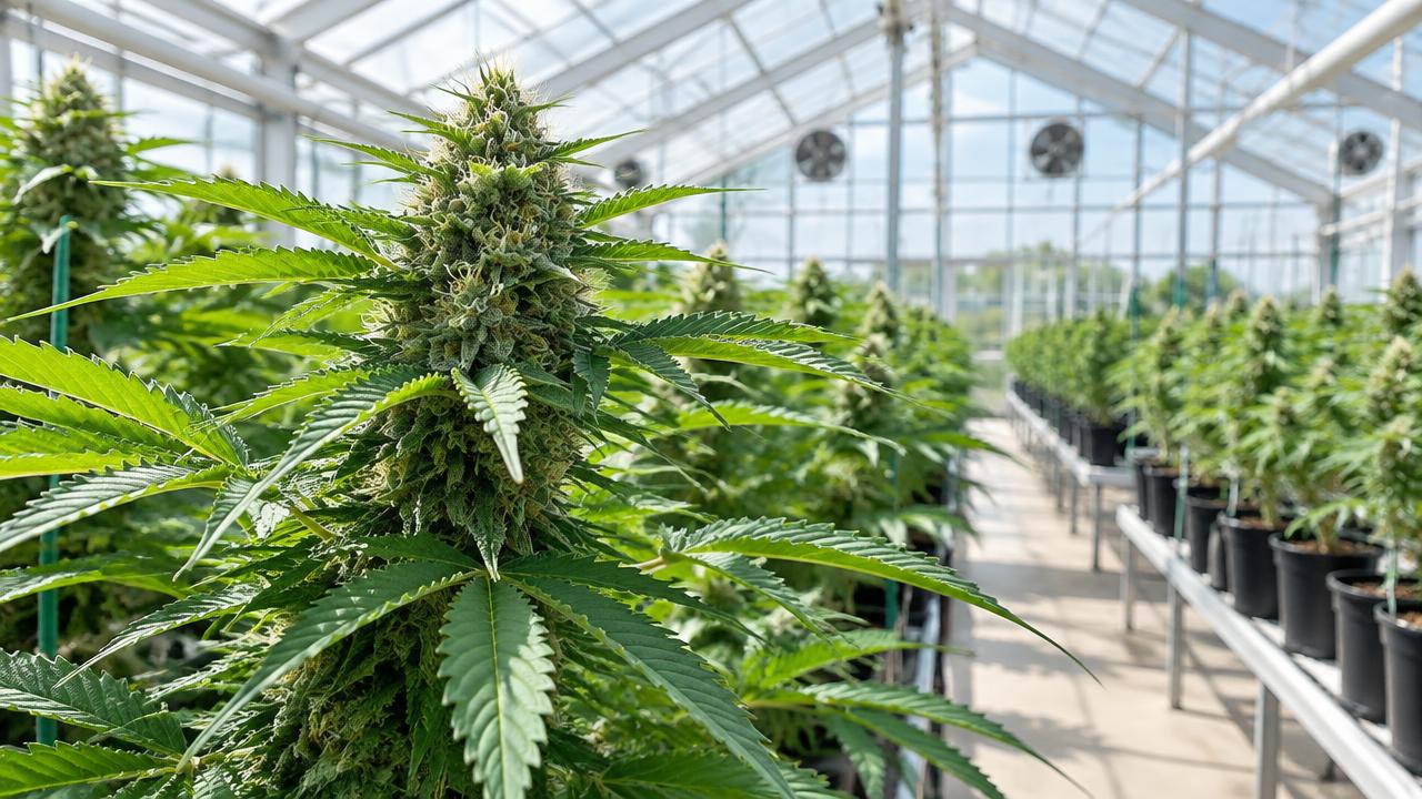 Illustrative photograph of cannabis plants in a greenhouse